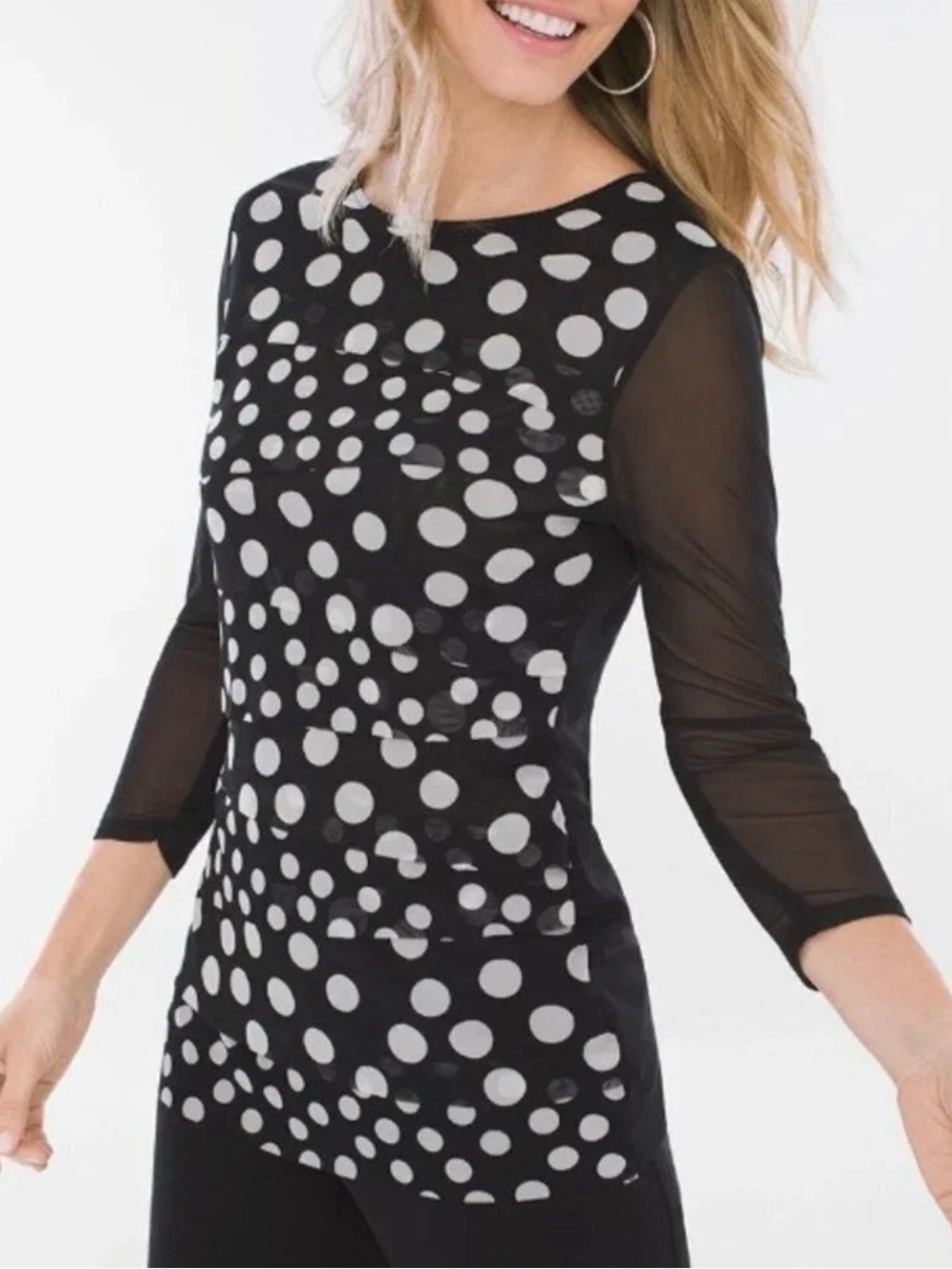 Chico's Black and White Polka Dot three quarters sleeve Mesh Top Sz 2 Large